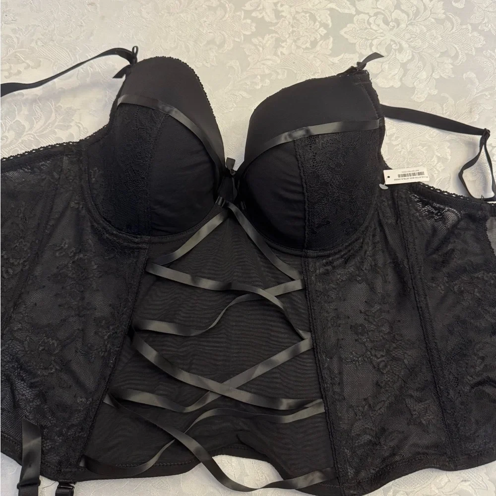 Adore Me Size 38DDD Bustier Lace Up Neglige Garters Black‎ Sexy Boudoir New